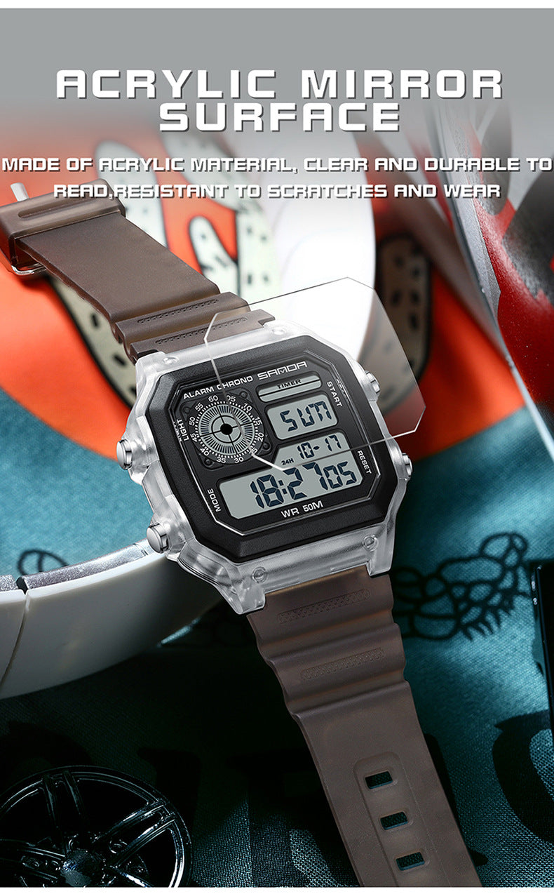 Sanda Hot-selling Square Watch Luminous Waterproof Alarm Student Watch Simple Korean Transparent Sports Electronic Watch