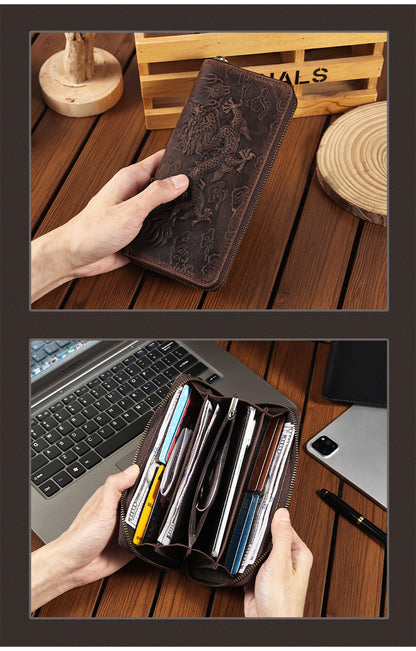 Crazy Horse Leather National Trend Long Wallet Men's Large Capacity Zipper Clutch Genuine Leather Retro Style Men's Wallet Card Holder