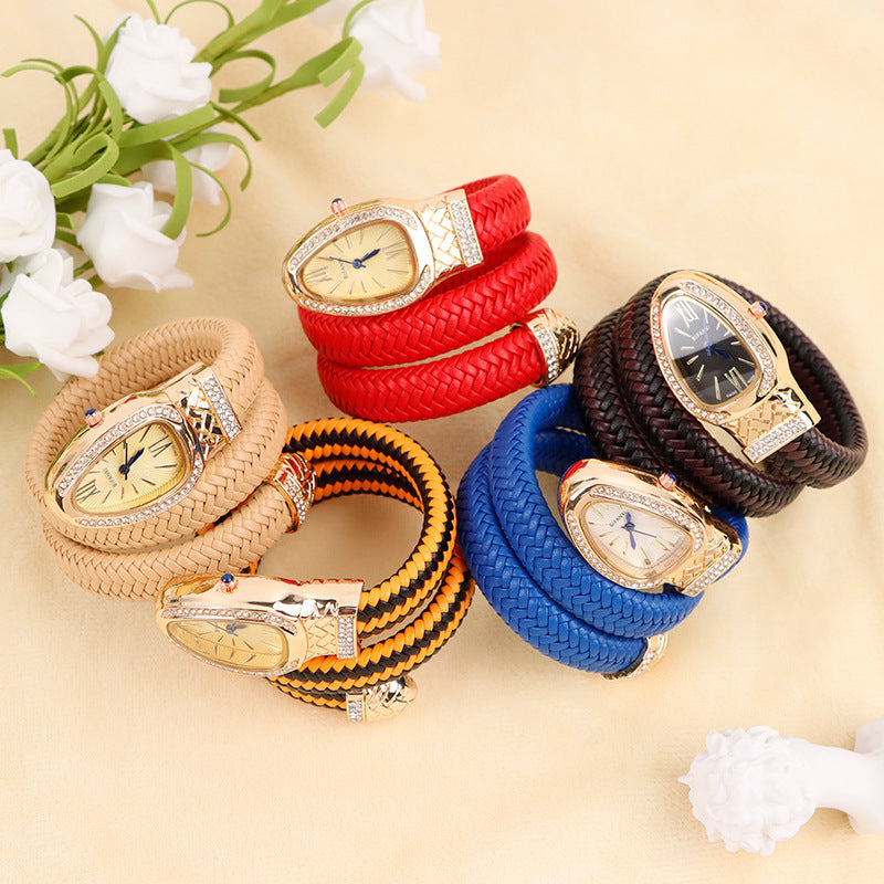 New Cross-Border Snake-Shaped Watch, Fashionable and Creative Personalized Quartz Watch for Women, Diamond-Encrusted Leather Strap Bracelet, Fashionable Watch