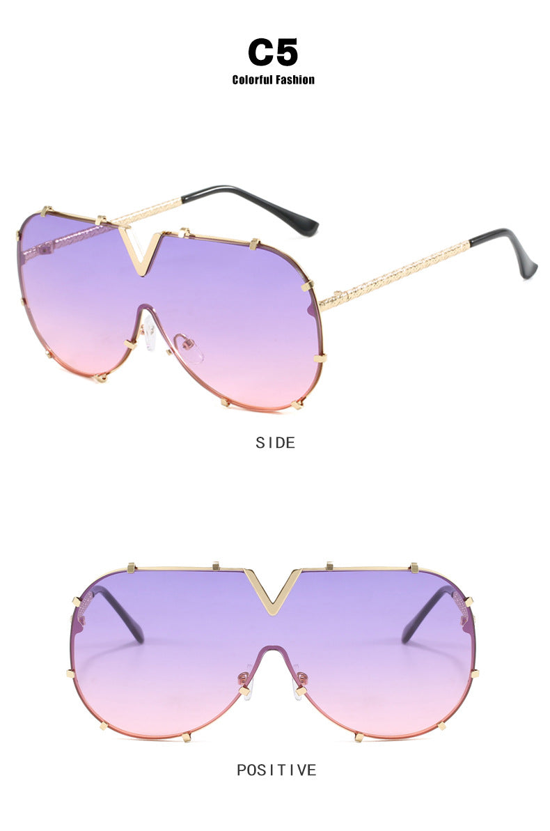 Fashion Metal One-Piece Sunglasses 2024 New Cross-Border European and American V Large Frame Sunglasses Ins Internet Celebrity Sunglasses