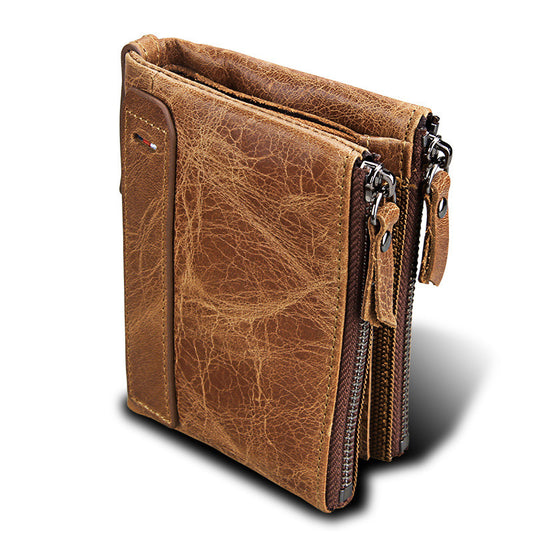 Crazy Horse Cowhide Men's Wallet RFID Anti-theft Brush Cowhide Short Men's Ticket Clip Wallet Double Zipper Coin Purse