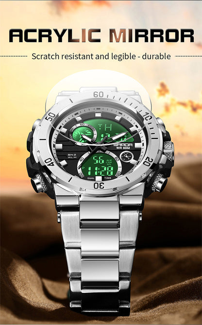Sanda foreign trade best selling electronic watch fashion business steel band luminous wrist watch multi-functional dual display men's watch wholesale