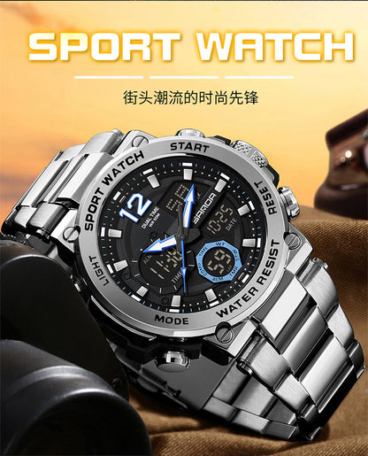 Sanda foreign trade best selling electronic watch fashion business steel band luminous wrist watch multi-functional dual display men's watch wholesale