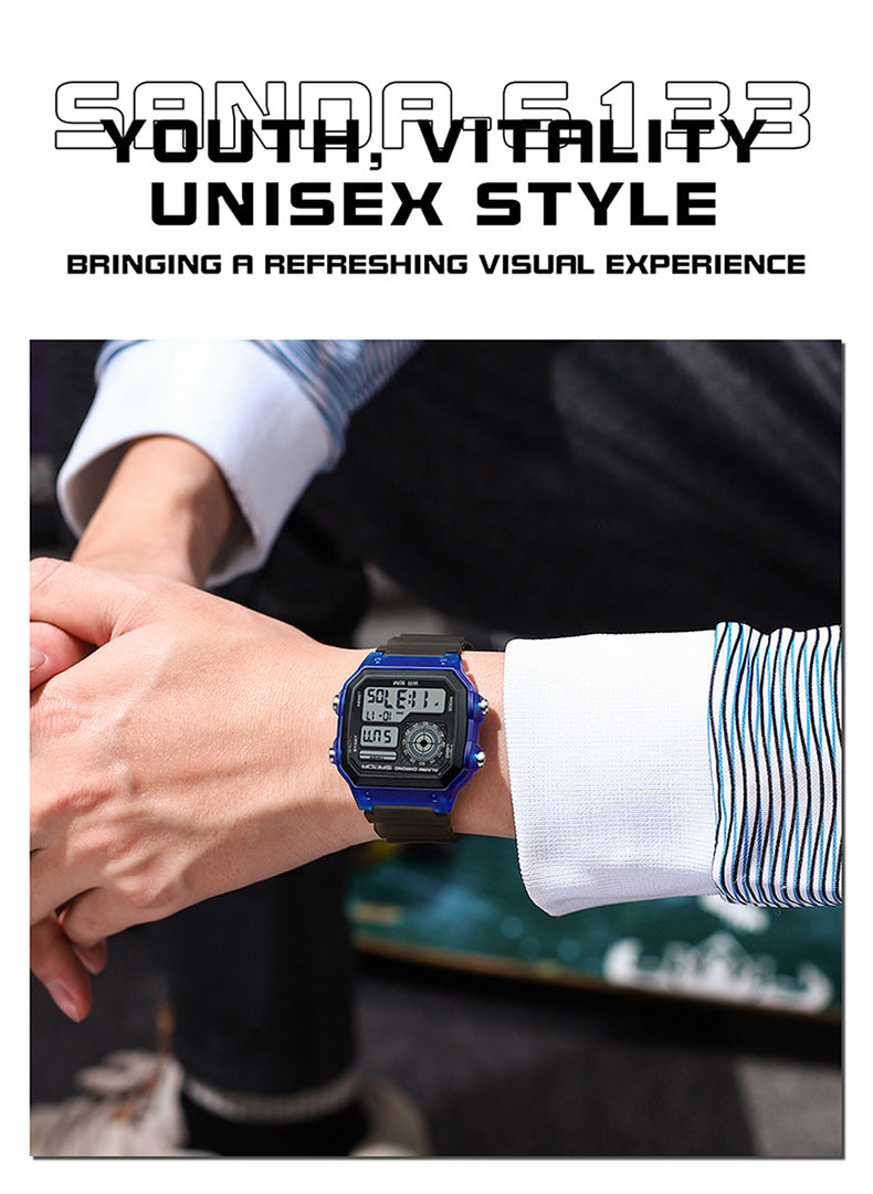 Sanda Hot-selling Square Watch Luminous Waterproof Alarm Student Watch Simple Korean Transparent Sports Electronic Watch