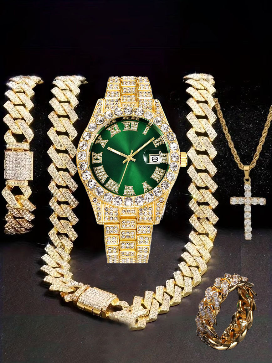 Hiphop Hip Hop Diamond Watch Five-Piece Diamond Cuban Chain Cross Necklace Cuban Ring Cross Border Wholesale