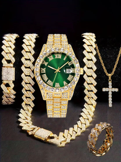 Hiphop Hip Hop Diamond Watch Five-Piece Diamond Cuban Chain Cross Necklace Cuban Ring Cross Border Wholesale