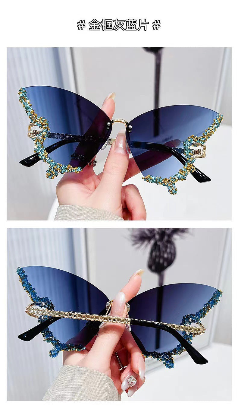 Cross-border New Butterfly Shape Diamond Rimless Sunglasses Women's Fashion Personality Exaggerated Sunglasses European and American Internet Red Broken Diamond