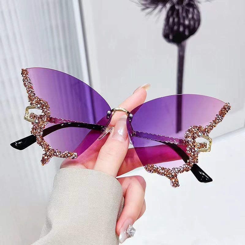 Cross-border New Butterfly Shape Diamond Rimless Sunglasses Women's Fashion Personality Exaggerated Sunglasses European and American Internet Red Broken Diamond