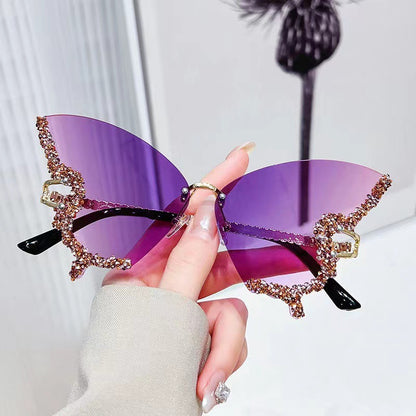 Cross-border New Butterfly Shape Diamond Rimless Sunglasses Women's Fashion Personality Exaggerated Sunglasses European and American Internet Red Broken Diamond