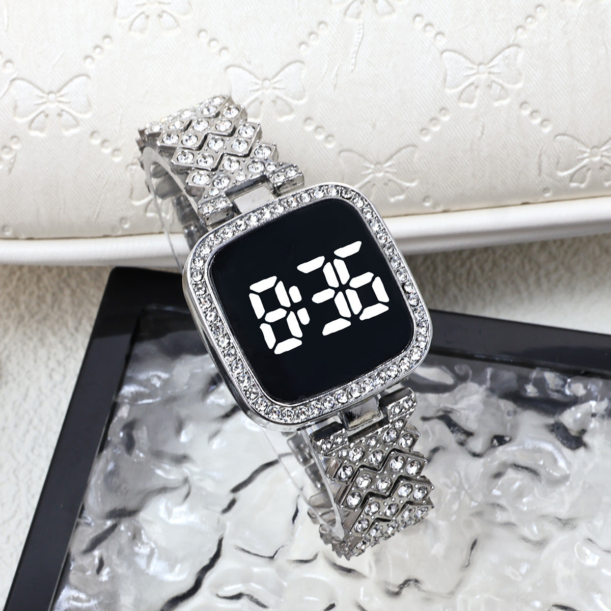 Cross-border Foreign Trade Diamond-encrusted Women's Small Fragrant Style Metal Steel Band LED Watch Fashion Touch Casual Electronic Watch