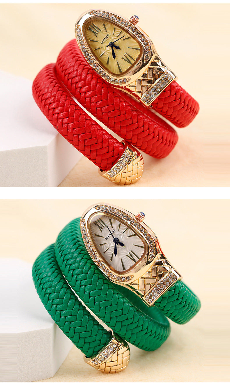 New Cross-Border Snake-Shaped Watch, Fashionable and Creative Personalized Quartz Watch for Women, Diamond-Encrusted Leather Strap Bracelet, Fashionable Watch