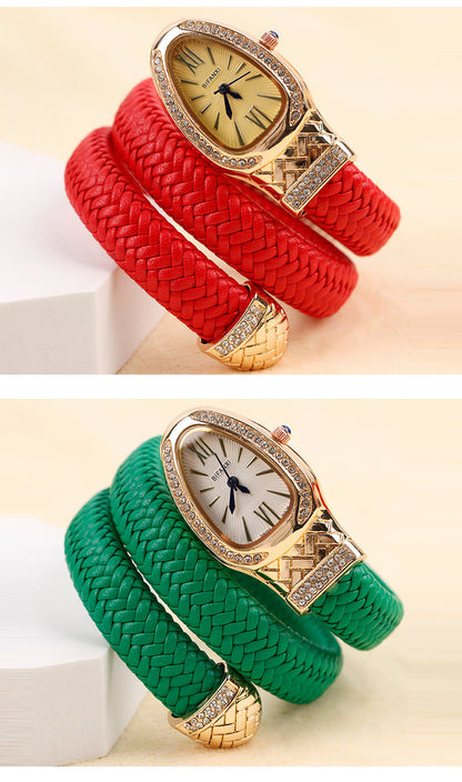 New Cross-Border Snake-Shaped Watch, Fashionable and Creative Personalized Quartz Watch for Women, Diamond-Encrusted Leather Strap Bracelet, Fashionable Watch