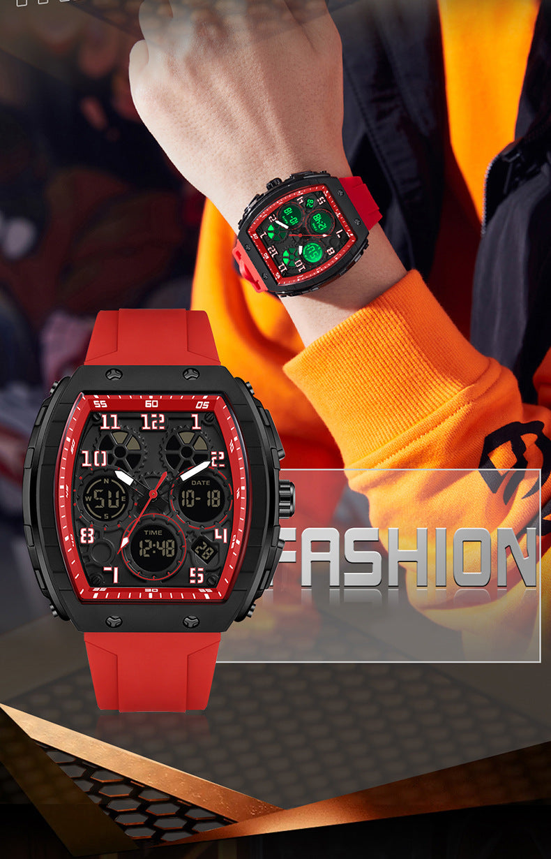 Ofns Fashion Watch Sports Waterproof Watch Barrel-Shaped Multi-Function Luminous Dual-Time Student Digital Watch