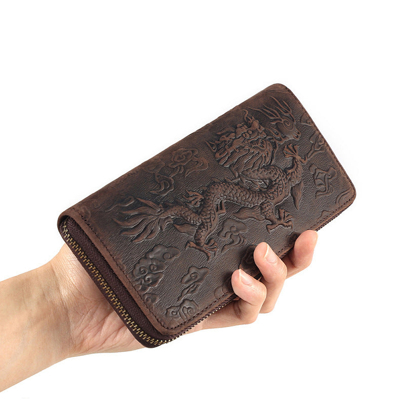 Crazy Horse Leather National Trend Long Wallet Men's Large Capacity Zipper Clutch Genuine Leather Retro Style Men's Wallet Card Holder