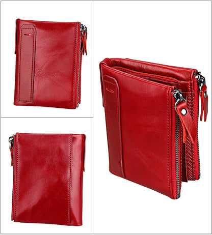 Crazy Horse Cowhide Men's Wallet RFID Anti-theft Brush Cowhide Short Men's Ticket Clip Wallet Double Zipper Coin Purse