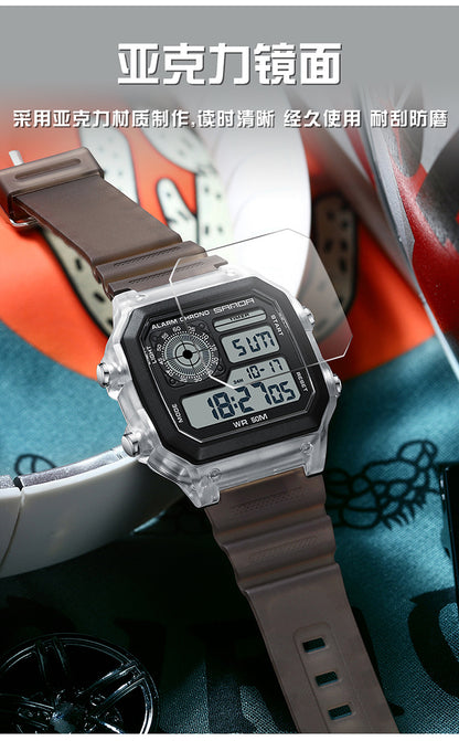 Sanda Hot-selling Square Watch Luminous Waterproof Alarm Student Watch Simple Korean Transparent Sports Electronic Watch
