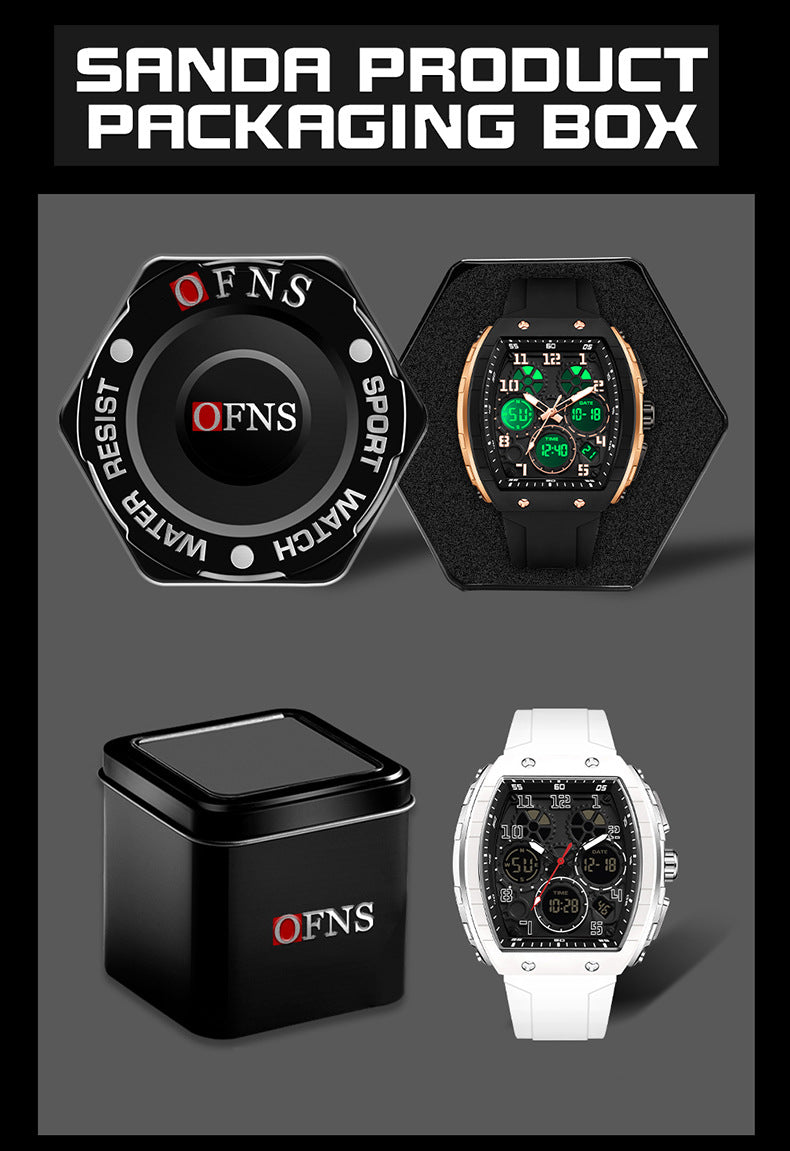 Ofns Fashion Watch Sports Waterproof Watch Barrel-Shaped Multi-Function Luminous Dual-Time Student Digital Watch