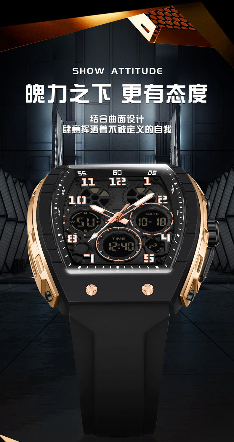 Ofns Fashion Watch Sports Waterproof Watch Barrel-Shaped Multi-Function Luminous Dual-Time Student Digital Watch