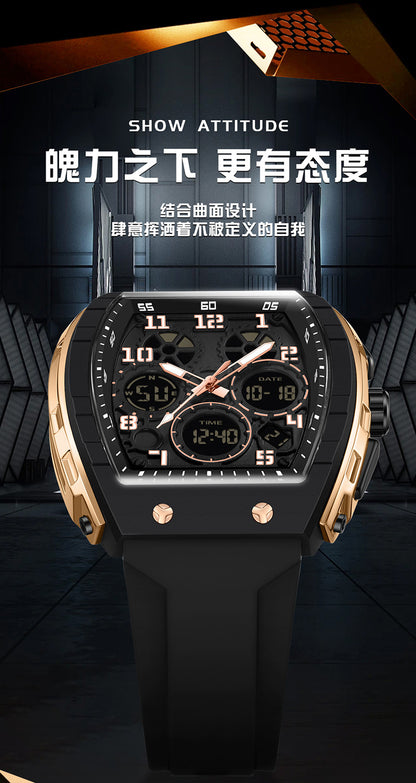 Ofns Fashion Watch Sports Waterproof Watch Barrel-Shaped Multi-Function Luminous Dual-Time Student Digital Watch