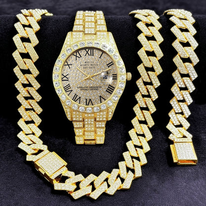 [Bross-Border Hot Item] 16-Piece Set of Various Diamond-Encrusted Watches, Diamond-Shaped Cuban Bracelets and Necklaces, Three-Piece Set