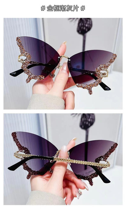 Cross-border New Butterfly Shape Diamond Rimless Sunglasses Women's Fashion Personality Exaggerated Sunglasses European and American Internet Red Broken Diamond