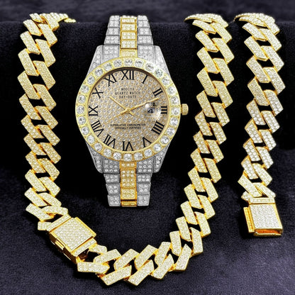 [Bross-Border Hot Item] 16-Piece Set of Various Diamond-Encrusted Watches, Diamond-Shaped Cuban Bracelets and Necklaces, Three-Piece Set