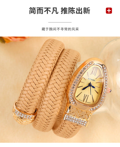 New Cross-Border Snake-Shaped Watch, Fashionable and Creative Personalized Quartz Watch for Women, Diamond-Encrusted Leather Strap Bracelet, Fashionable Watch