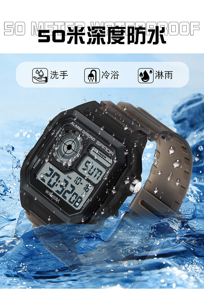 Sanda Hot-selling Square Watch Luminous Waterproof Alarm Student Watch Simple Korean Transparent Sports Electronic Watch