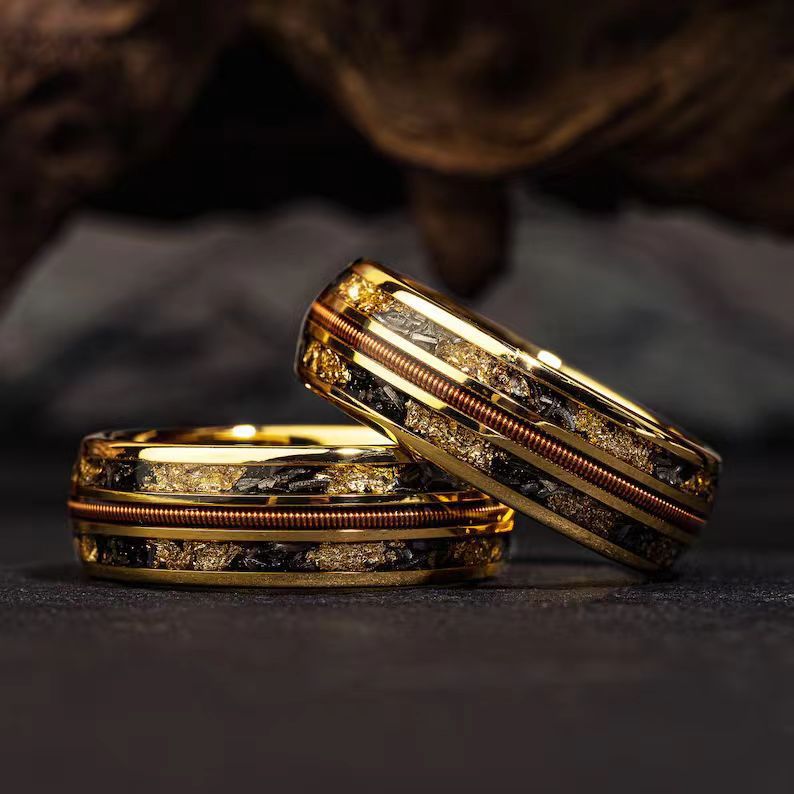 European and American Cross-Border Best-Selling Stainless Steel Rings, Meteorite Inlaid Gold Foil Men's Light Luxury Fashion Personalized Rings Wholesale