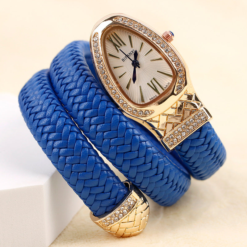 New Cross-Border Snake-Shaped Watch, Fashionable and Creative Personalized Quartz Watch for Women, Diamond-Encrusted Leather Strap Bracelet, Fashionable Watch