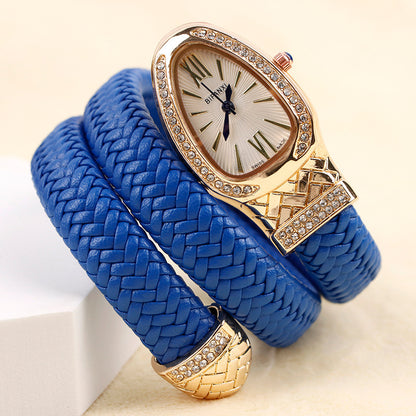New Cross-Border Snake-Shaped Watch, Fashionable and Creative Personalized Quartz Watch for Women, Diamond-Encrusted Leather Strap Bracelet, Fashionable Watch