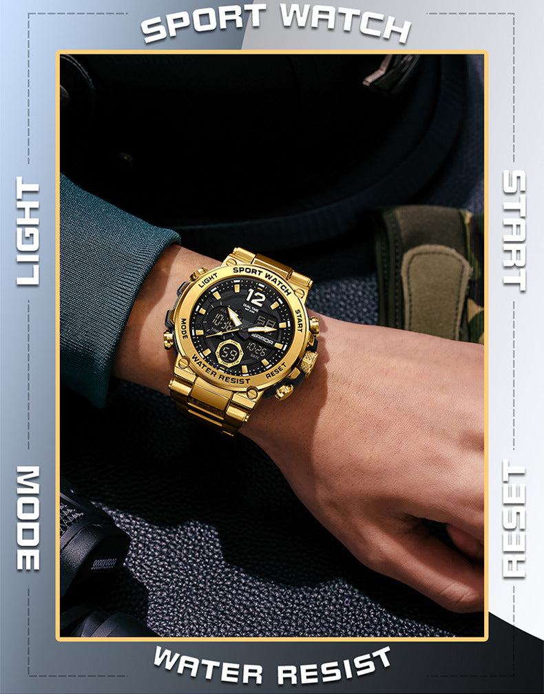 Sanda foreign trade best selling electronic watch fashion business steel band luminous wrist watch multi-functional dual display men's watch wholesale