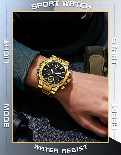 Sanda foreign trade best selling electronic watch fashion business steel band luminous wrist watch multi-functional dual display men's watch wholesale