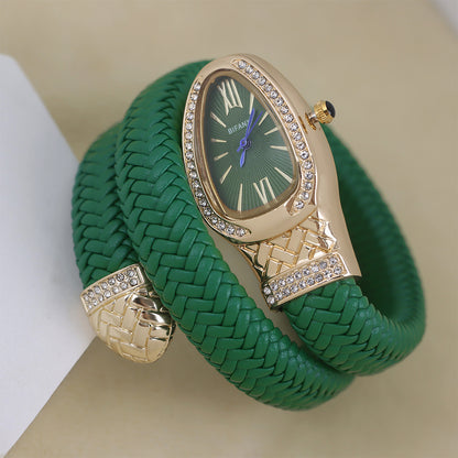 New Cross-Border Snake-Shaped Watch, Fashionable and Creative Personalized Quartz Watch for Women, Diamond-Encrusted Leather Strap Bracelet, Fashionable Watch