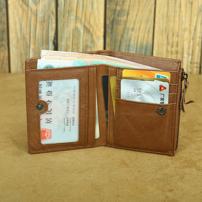 Shikangxin Vintage Genuine Leather Wallet Men's Short Wallet Multifunctional Zipper Bag Casual Oil Wax Cowhide Wallet