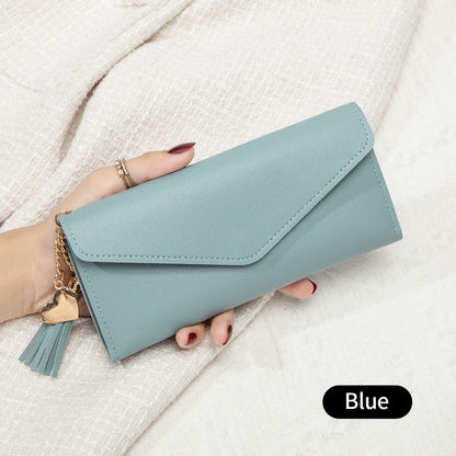 Korean Style Simple Three-fold Women's Long Wallet Fashionable Tassel Pendant Clutch Small Group Portable Multi-functional Coin Purse