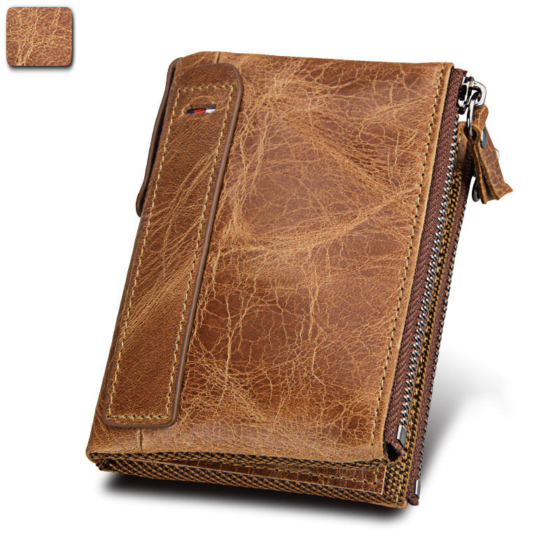 Crazy Horse Cowhide Men's Wallet RFID Anti-theft Brush Cowhide Short Men's Ticket Clip Wallet Double Zipper Coin Purse