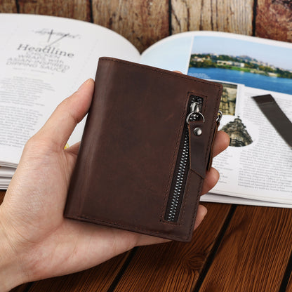 Genuine Leather Classic Retro Short Wallet Men's Bag with Tracker Leather Case Multifunctional Crazy Horse Leather Business Wallet Men