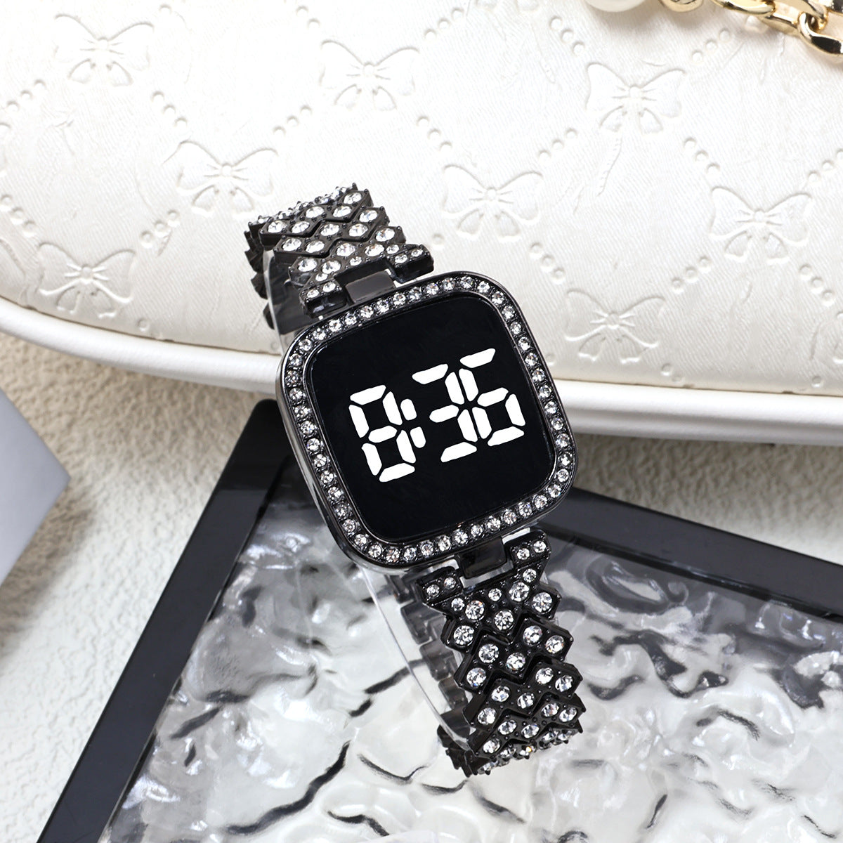 Cross-border Foreign Trade Diamond-encrusted Women's Small Fragrant Style Metal Steel Band LED Watch Fashion Touch Casual Electronic Watch