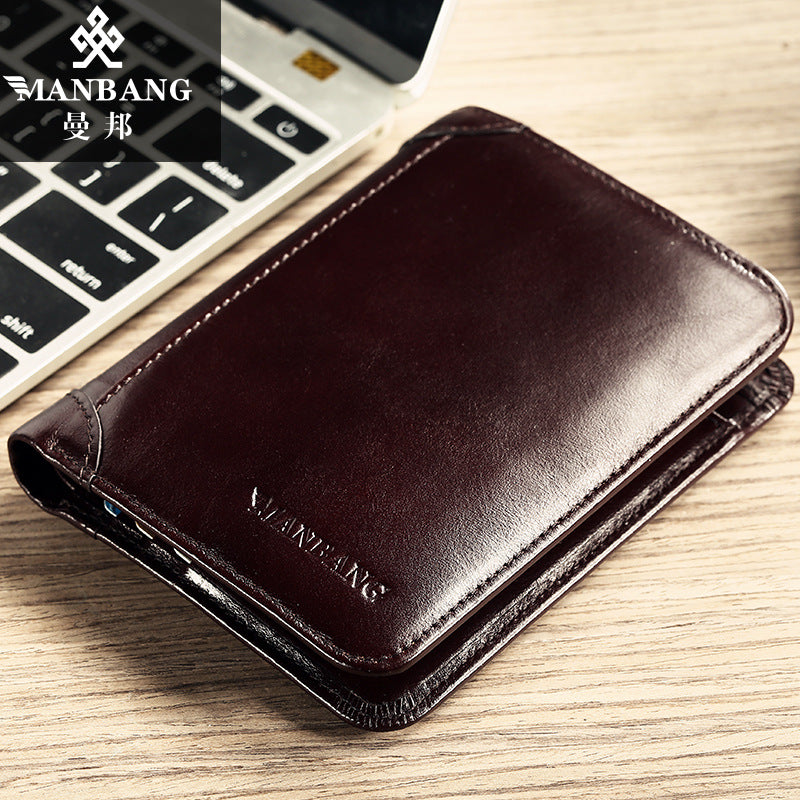 Cross-border delivery Manbang wallet oily leather short first layer cowhide wallet classic tri-fold RIFD anti-theft wallet