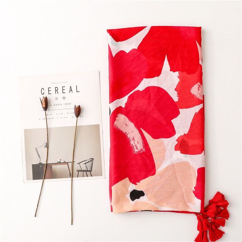 2022 spring and summer scarf women's cross-border foreign trade vintage red cotton linen feel scarf bohemian style long scarf