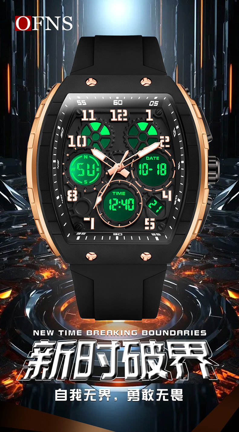 Ofns Fashion Watch Sports Waterproof Watch Barrel-Shaped Multi-Function Luminous Dual-Time Student Digital Watch
