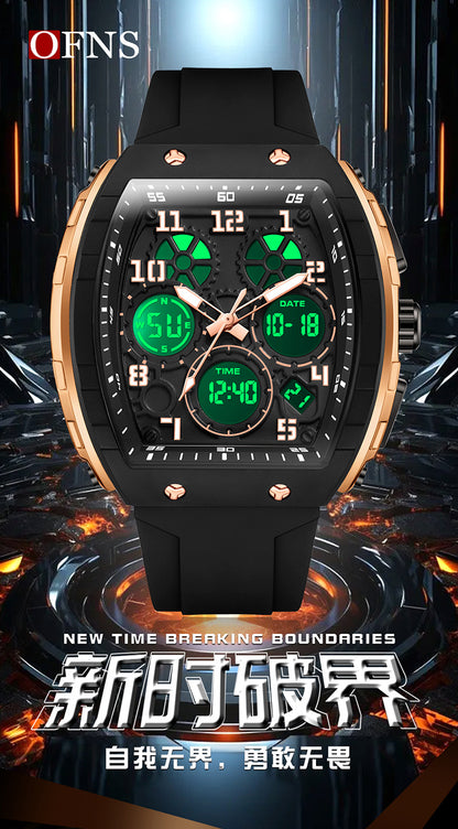 Ofns Fashion Watch Sports Waterproof Watch Barrel-Shaped Multi-Function Luminous Dual-Time Student Digital Watch