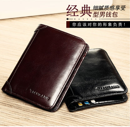 Cross-border delivery Manbang wallet oily leather short first layer cowhide wallet classic tri-fold RIFD anti-theft wallet