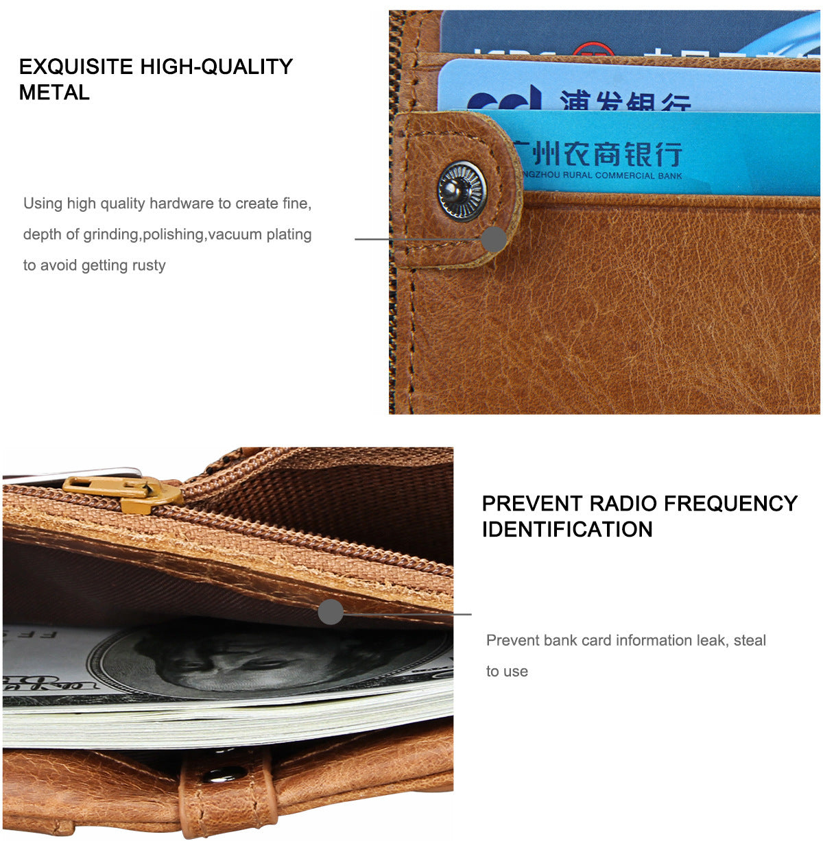 Crazy Horse Cowhide Men's Wallet RFID Anti-theft Brush Cowhide Short Men's Ticket Clip Wallet Double Zipper Coin Purse
