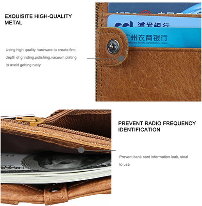 Crazy Horse Cowhide Men's Wallet RFID Anti-theft Brush Cowhide Short Men's Ticket Clip Wallet Double Zipper Coin Purse