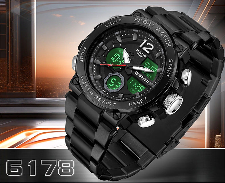Sanda foreign trade best selling electronic watch fashion business steel band luminous wrist watch multi-functional dual display men's watch wholesale