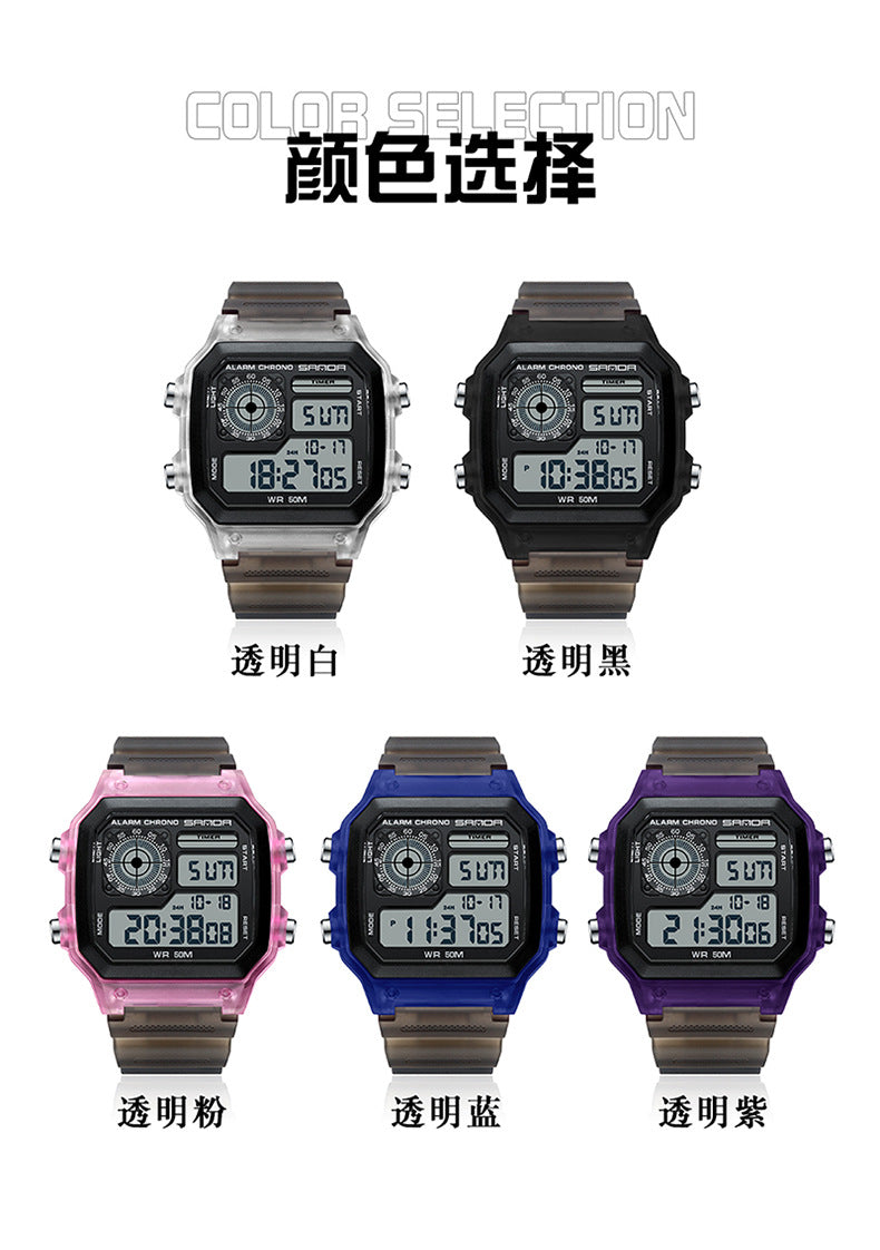 Sanda Hot-selling Square Watch Luminous Waterproof Alarm Student Watch Simple Korean Transparent Sports Electronic Watch