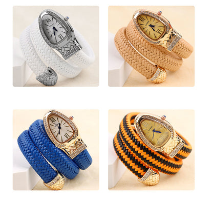 New Cross-Border Snake-Shaped Watch, Fashionable and Creative Personalized Quartz Watch for Women, Diamond-Encrusted Leather Strap Bracelet, Fashionable Watch