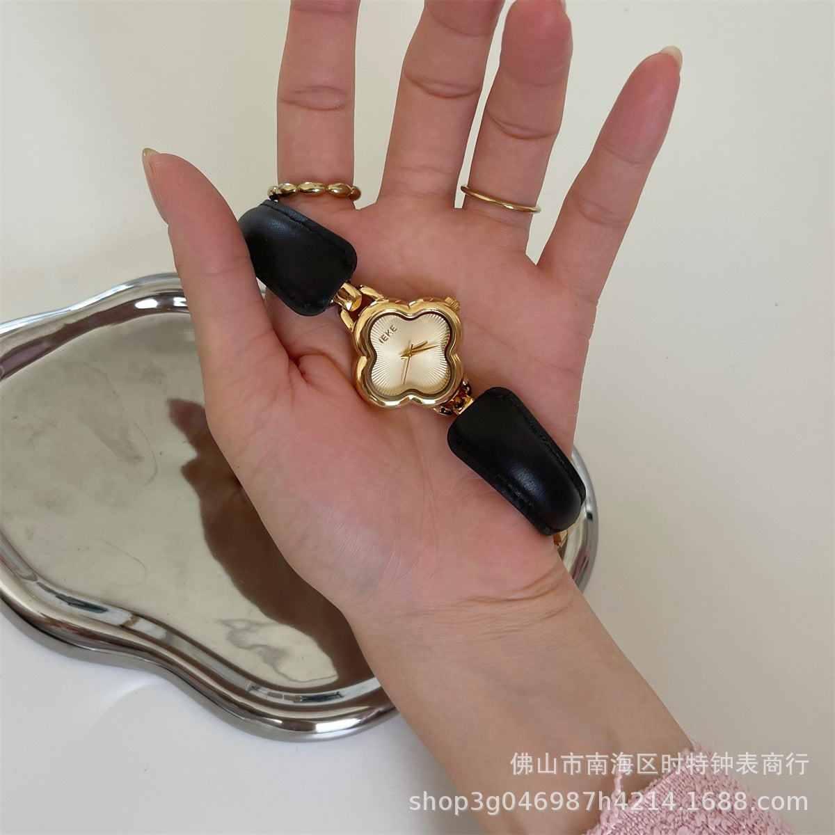 IEKE Fashion Light Luxury Four-leaf Clover Small Chanel Style Leather Bracelet Watch Women's Wristwatch High-end Light Luxury Internet Celebrity Hair
